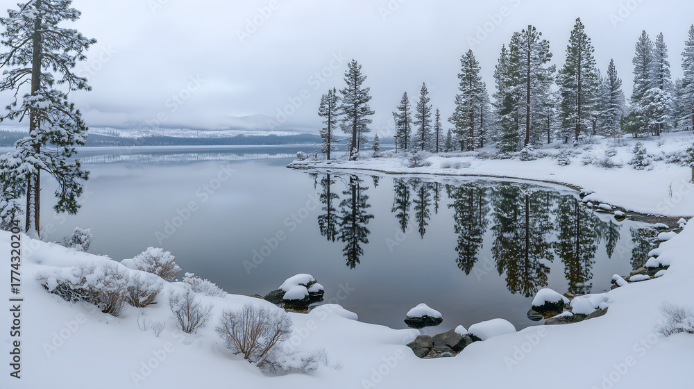 Obraz premium Snowy trees line a calm blue lake with clear sky above, creating stunning reflections in this tranquil winter landscape.