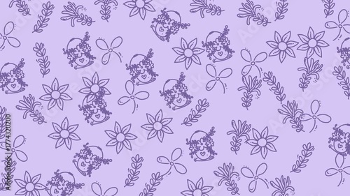 Seamless Floral Pattern With Purple Lilac Blossoms And Intricate Vine Motifs On Soft Lavender Background