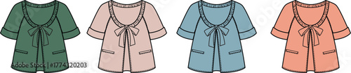 Collection of four short-sleeved cardigans in different pastel colors, ideal for casual wear