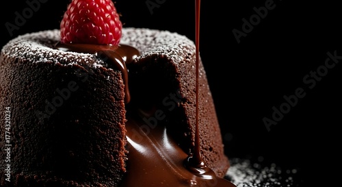 Decadent Chocolate Lava Cake with Raspberry and Powdered Sugar.