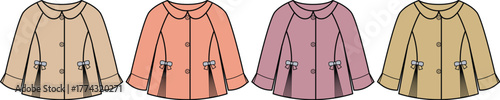 Vector illustration of four stylish short coats or jackets, presented in beige, peach, pink, and olive colors, perfect for modern fashion design and apparel concepts