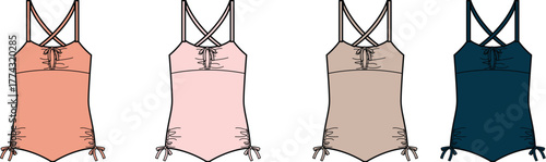 Collection of stylish women's one-piece swimwear designs featuring classic silhouettes and adjustable straps in various popular colors, perfect for summer fashion and beachwear concepts