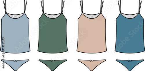 Conceptual flat illustrations of women's sleepwear and underwear. Comfortable camisole tops and briefs in a soft color palette, perfect for fashion apparel design concepts