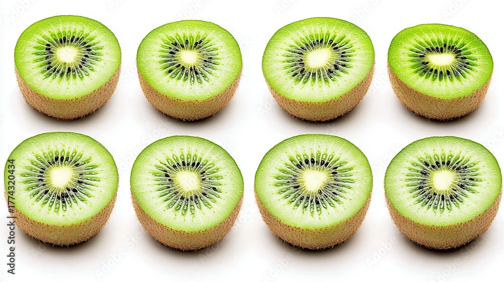 Fototapeta premium Nine Kiwi Slices Arranged In Grid Pattern On White Background