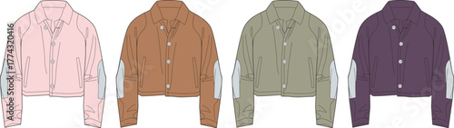 Fashion illustration showcasing a versatile cropped jacket design available in a palette of contemporary colors, perfect for modern apparel collections and styling