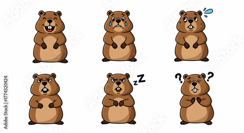 Cartoon beaver expressions set with transparent background