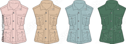 Colorful and stylish sleeveless vests with multiple pockets in different pastel shades on a white background