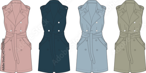Collection of stylish sleeveless trench coats or vest dresses in various appealing colors, perfect for fashion design inspiration and seasonal wardrobe concepts