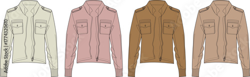 Set of women's utility jackets in four different colors. Fashion technical flat sketch of outerwear with pockets and zipper. Vector apparel template