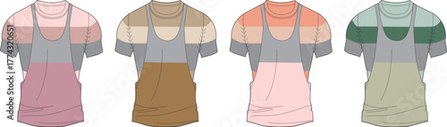 Four different t-shirt designs with short sleeves and bib overalls in various color combinations