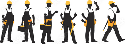 Construction workers silhouettes, hard hats, tools, teamwork, industrial labor, building site, safety gear, toolbox, wrench, caliper, radio, engineering, jobsite, skilled trades, manual work,
