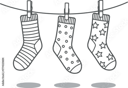 Simple line art illustration of socks hanging on a clothesline