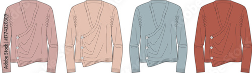 Fashion design technical sketch of a women's long sleeve jersey jacket. Asymmetrical zip-up top template in four color variations