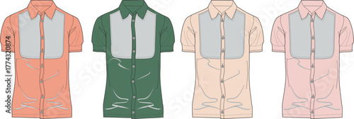 Collection of men's retro short-sleeve button-up shirts in various colors. Fashion technical flat illustration of vintage style apparel