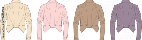 Fashionable women's short blazer jacket design in various elegant colors, showcasing versatile apparel for modern style and seasonal wear, perfect for diverse fashion collections