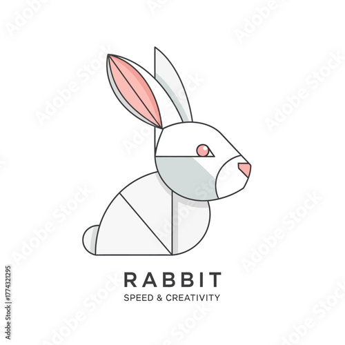 Geometric line art illustration of a white rabbit with pink ears and nose, sitting in profile, with text 'RABBIT SPEED & CREATIVITY' below.