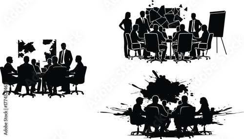 Business meeting silhouettes, corporate teamwork discussion, creative office brainstorming vector illustration for presentations, leadership, management, and strategy concepts