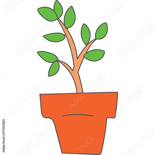 A simple illustration of a green leafed plant in an orange pot against a transparent background