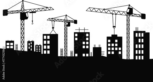    Urban construction silhouette, city skyline development, cranes lifting materials, modern architecture growth, infrastructure expansion, building progress, industrial cityscape, engineering