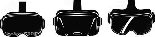Virtual reality goggles front view collection, VR headset design set, futuristic technology and immersive gaming equipment vector illustration