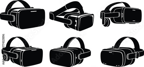 Virtual reality headset silhouette collection, VR goggles set, futuristic gaming and technology equipment vector illustration for digital design projects