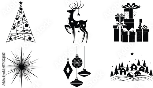 Christmas decorations silhouette set with tree, reindeer, gifts, ornaments, starburst, winter village scene, festive holiday design, black vector illustration