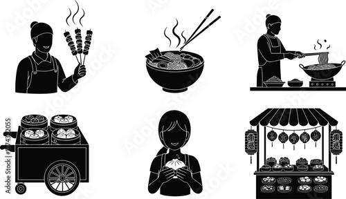 Asian street food vector set with ramen, dim sum, noodle chef, food stall, skewers, and dumpling vendor illustration