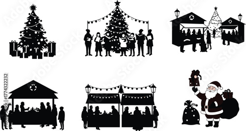 Christmas market and Santa Claus silhouette set with festive tree, carolers, winter stalls, holiday gifts, and family celebration