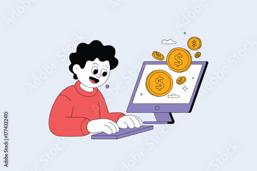 An illustration of a cheerful young person actively earning money online using a desktop computer, depicting digital finance, successful transactions, and profit.