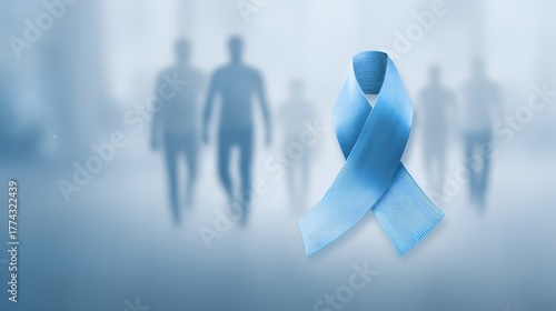 Modern prostate cancer awareness campaign concept focusing on men’s health with a striking blue ribbon placed prominently in the foreground symbolizing strength, unity, and early prevention