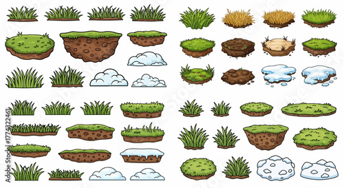 Game assets: grass, soil, clouds, water elements
