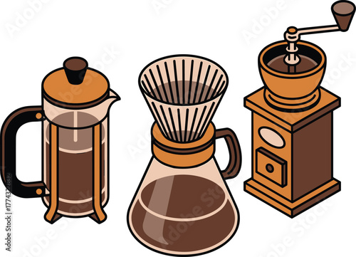 Isometric Coffee Brewing Collection: French Press, Pour-Over Decanter, and Manual Grinder Vector