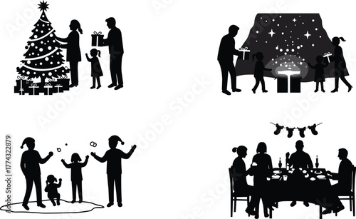 Christmas family silhouettes celebrating together, exchanging gifts, playing, decorating tree, family dinner, winter holiday joy, festive season happiness, togetherness