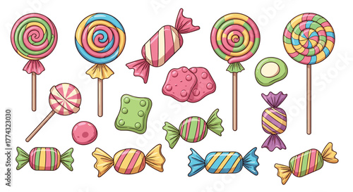 Colorful candy collection with lollipops wrapped sweets and gumdrops for a fun playful design that brings joy and sweetness to any project, Generative AI.