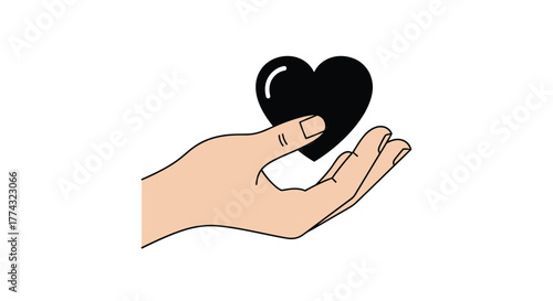 Gentle hand cradles a symbolic black heart representing care love and compassion in a simple clean design, Generative AI.