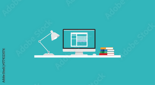 Modern desk setup with computer lamp and books inspires productive work and learning in a clean organized workspace, Generative AI.