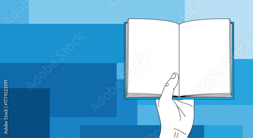Discover knowledge and unlock new ideas with an open book held by a hand against a vibrant blue geometric background perfect for educational content, Generative AI.