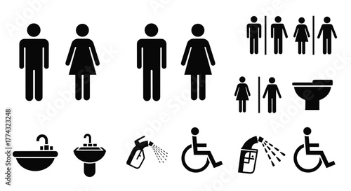 Modern restroom icons for men women disabled access sinks and toilet facilities create clear directional signage solutions, Generative AI.