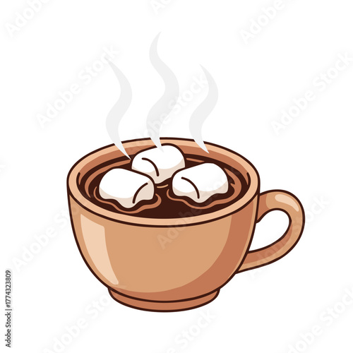 Hot chocolate with marshmallows in a brown cup with steam  