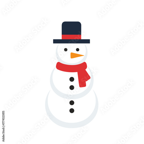 Snowman wearing a black hat and red scarf on white background  