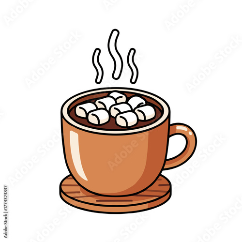 Hot chocolate with marshmallows in a cup on wooden coaster  