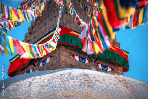 Boudhanath Stupa with Prayer Flags in Kathmandu, Nepal