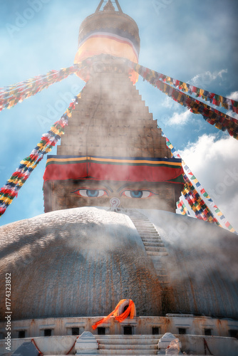 Billede på lærred Boudhanath Stupa with Prayer Flags in Kathmandu, Nepal