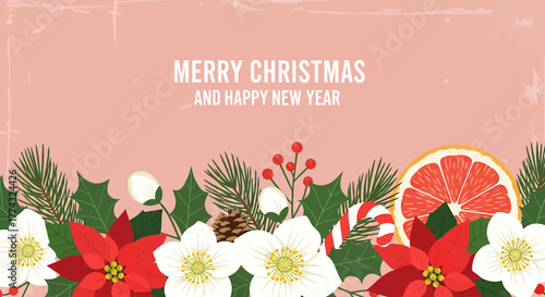 Festive Christmas and New Year floral arrangement with poinsettias and citrus.