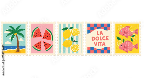 A collection of five colorful postage stamps featuring summer-themed illustrations, including a palm tree on a beach, sliced watermelon, lemons, and pink fish.