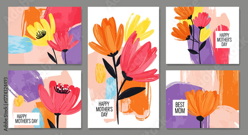 A collection of five vibrant floral greeting cards with abstract watercolor brush strokes and floral illustrations.