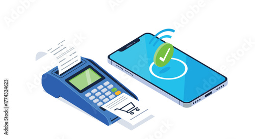 Contactless Payment Illustration Showing a Mobile Phone and Credit Card Terminal with Receipt Printer for Mobile Transactions.