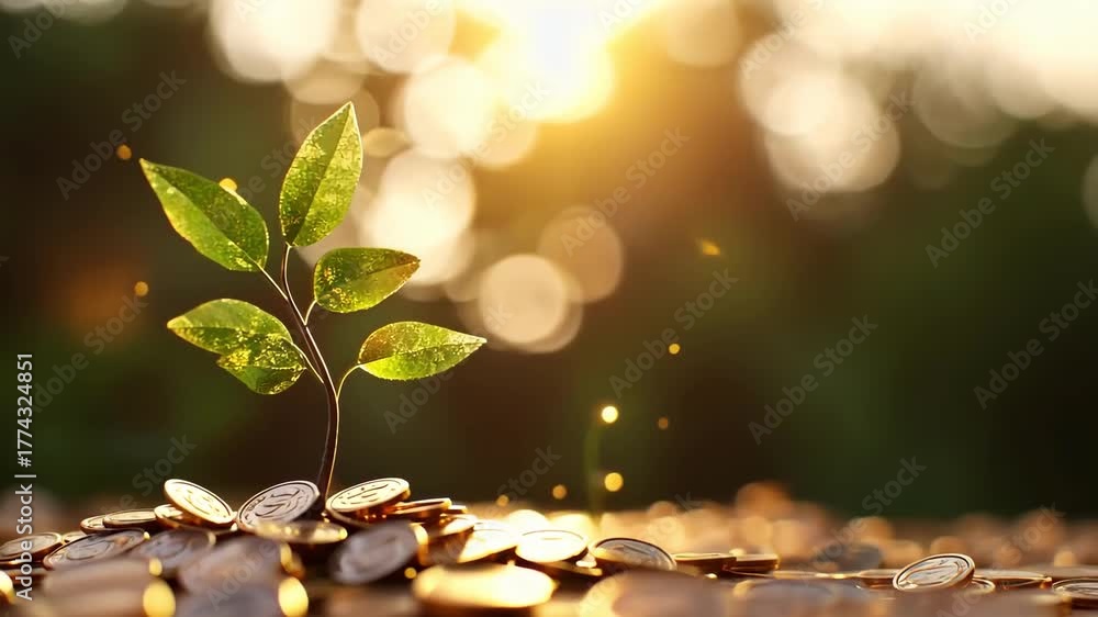 Growing plant on coins, symbolizing investment growth and financial success.