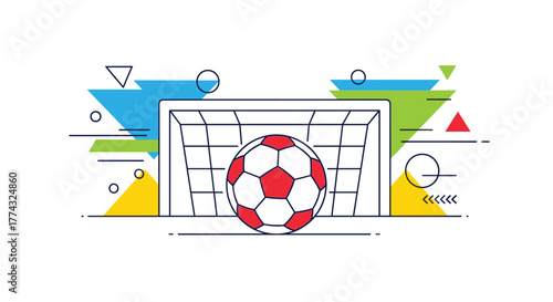 Stylized illustration of a soccer goal with a red and white ball in front, complemented by abstract geometric shapes and lines.