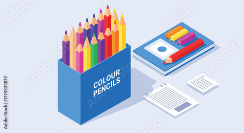 Isometric drawing supplies, a box of colored pencils, notebook with colored bookmarks, pencil on top, and some pages next to it.